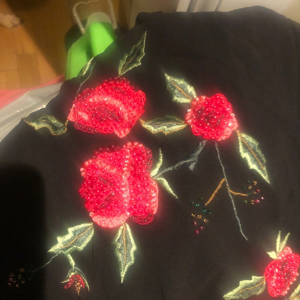 Cache Black Maxi Dress with Red Floral Embroidery